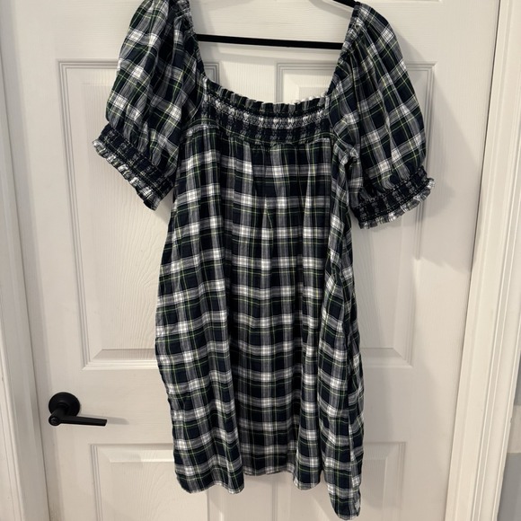 American Eagle Babydoll Sz XL Tall  Y2K Retro Dress Pockets Blue Green Plaid - Picture 6 of 10